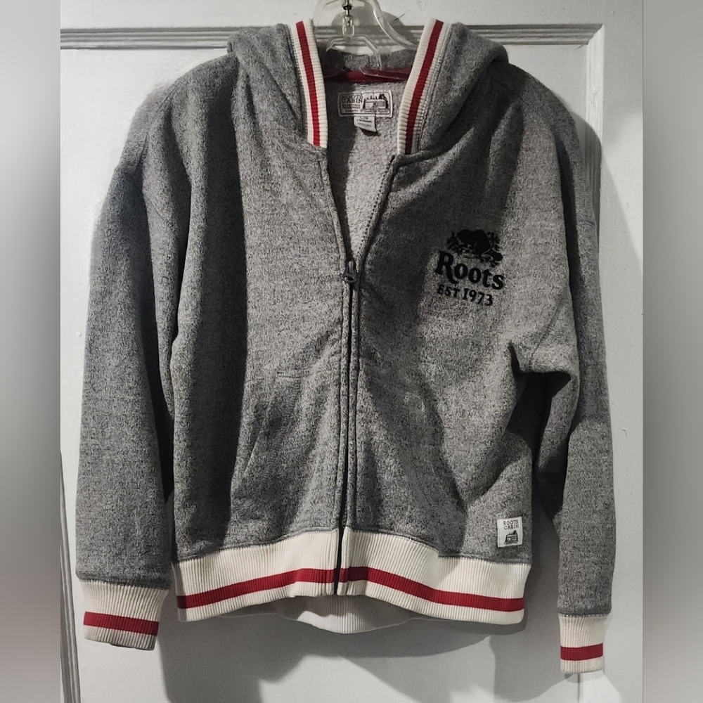 Roots Kids Cabin Grey Zip-Up Hoodie with Red and White Accents size L (9-10yrs)